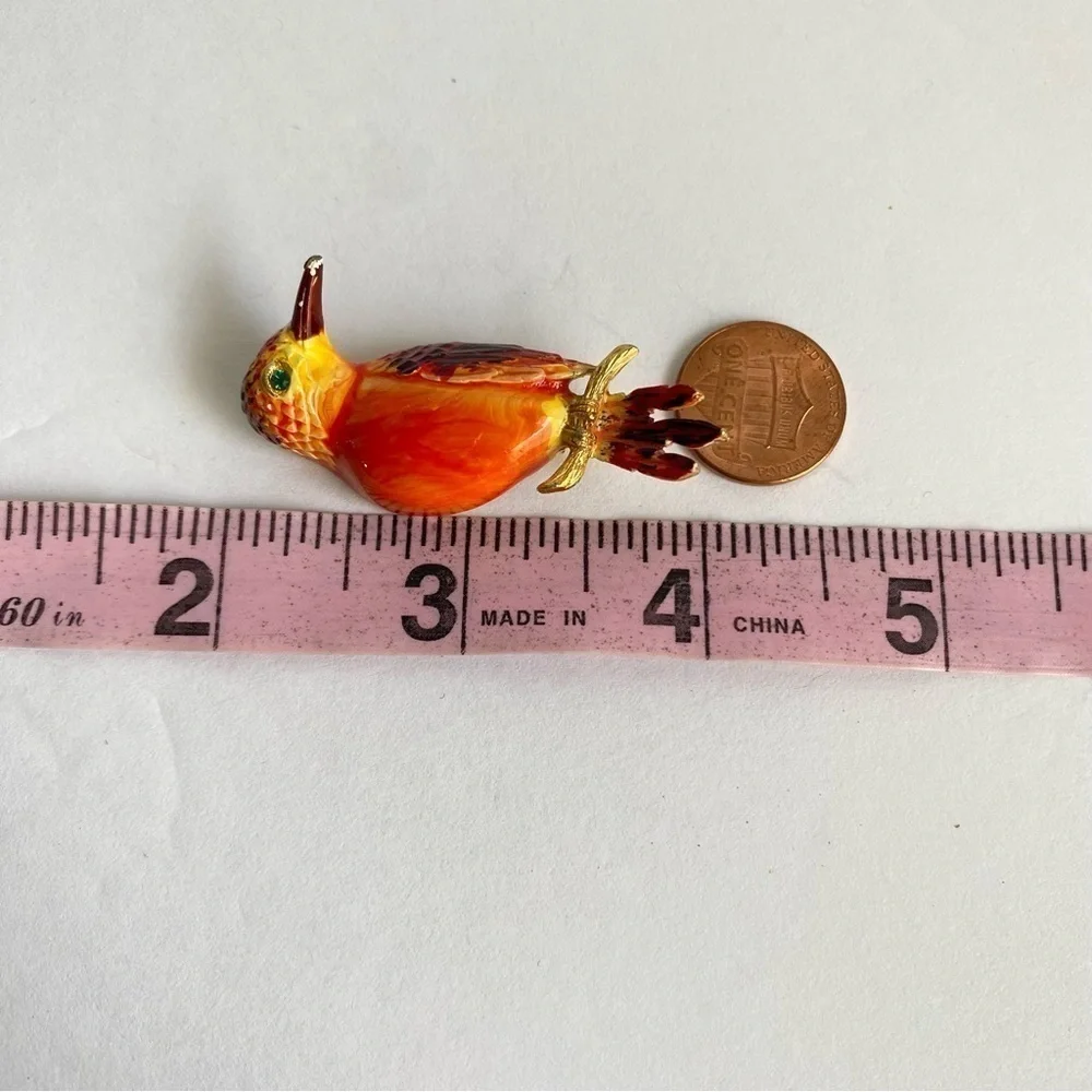Vintage Enamel‎ Bird Brooch Orange Yellow 60s Pin Retro Green Rhinestone Eye